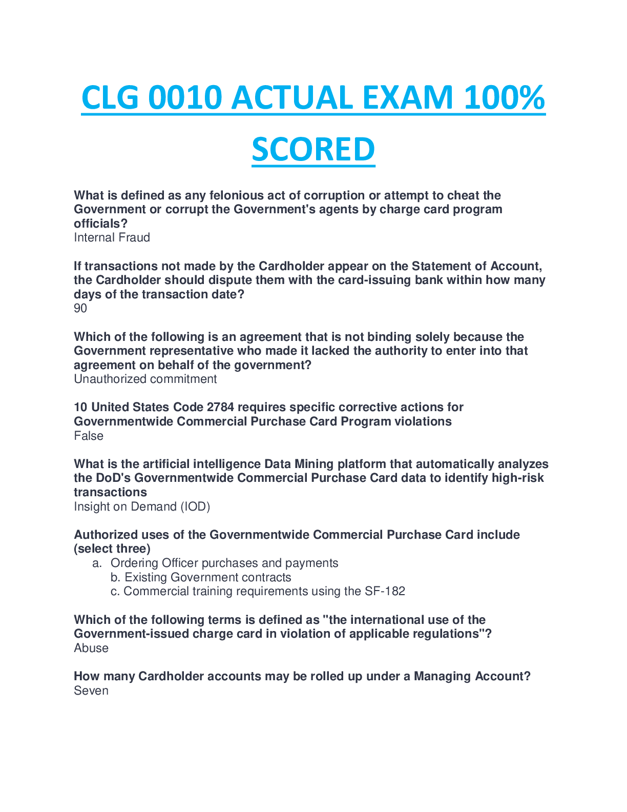 Preview image for CLG 0010 ACTUAL FINAL EXAM 100% SCORED COMPLETE GUIDE SOLUTION.